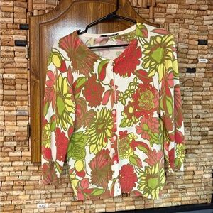 Trina Turk Floral mod print cotton cardigan sweater no size